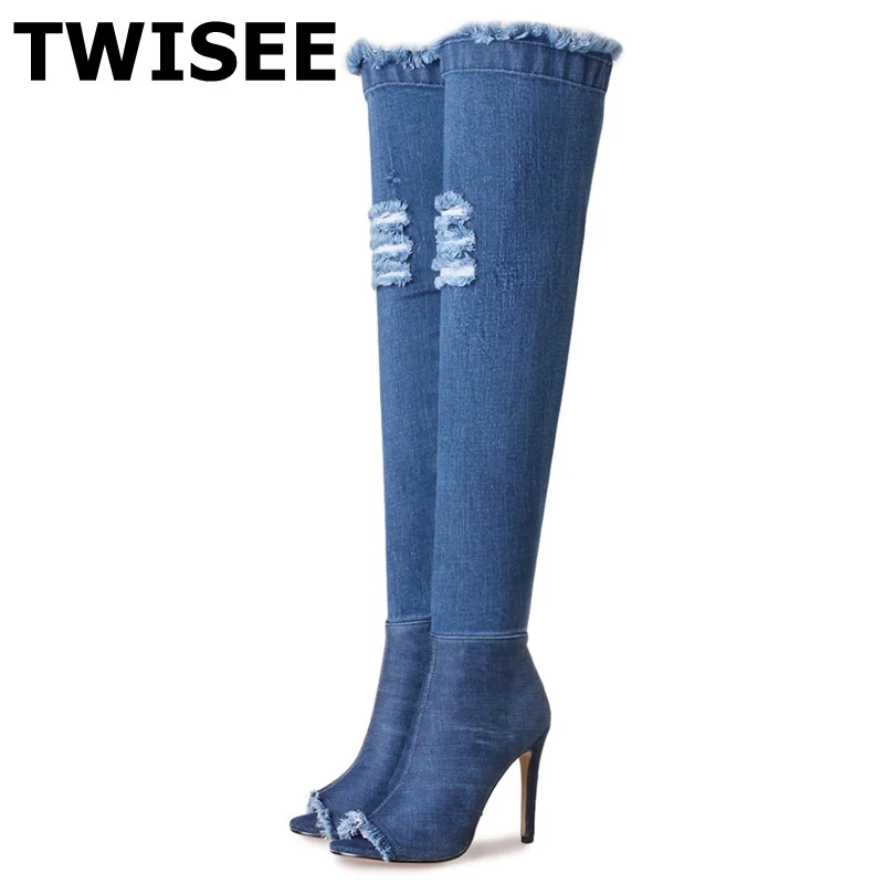 

over the knee boots hot selling warm fashion peep toe Pumps woman party shoes thin high heels 10 cm comfort denim