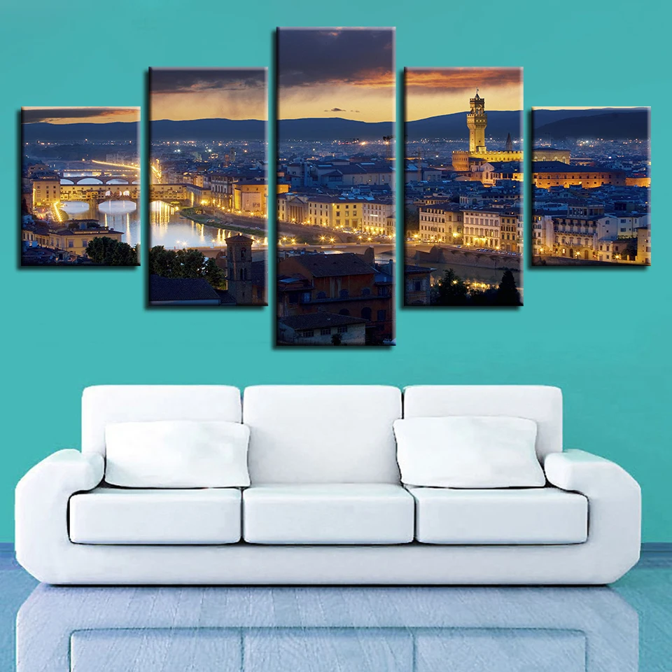 

Home Decor Prints Pictures 5 Pieces Aesthetical Florence City Cathedral Bell Tower Painting Night Scenery Canvas Poster Wall Art
