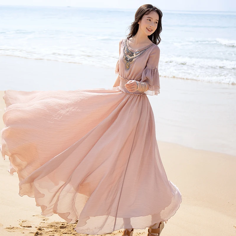 

Free Shipping Boshow 2019 New Bohemian Women Long Maxi Short Sleeve Summer S-L Ruffles Chiffon Big Hem Beaded O-neck Dresses
