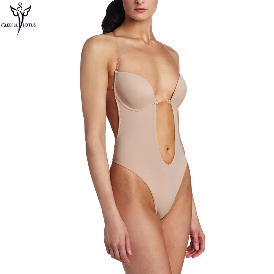 Women Bodysuit Invisible Bra Deep Plunge Thong Back Hot Shaper