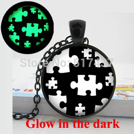 

Glow in the dark Necklace Autism Black and White-Puzzle-Autism Awareness Jewelry autism puzzle necklace glowing jewelry