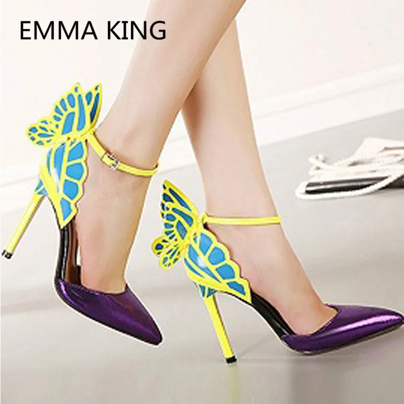 

2019 New Design Butterfly Wings Women Pumps Pointed Toe Mixed Color Ladies Party Wedding Shoes Ankle Strap Sexy Woman High Heels