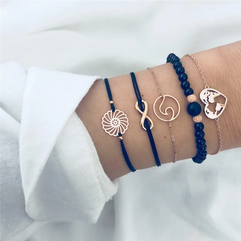 

Vintage Round World Map Heart Infinity Wave Bracelets Set For Women Stone Beads Chain Multilayer Bracelet Bangles Jewelry Boho