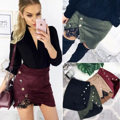 

Women High Waist Solid Lace Autumn Winter Skirt Leather Short Mini Skirts