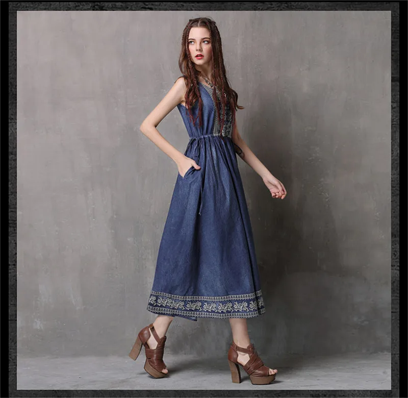 Vintage Summer Dress 2018 Cotton Women denim Dress Embroidery Dress Sleeveless  Tank Dresses O-Neck Floral Vestidos Femininos (8)