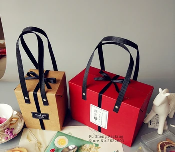 

50pcs/lot kraft brown and red portable Baking box 21*10*15cm Cake Boxes Bakery Macaron Cookies Boxes Gift Packaging