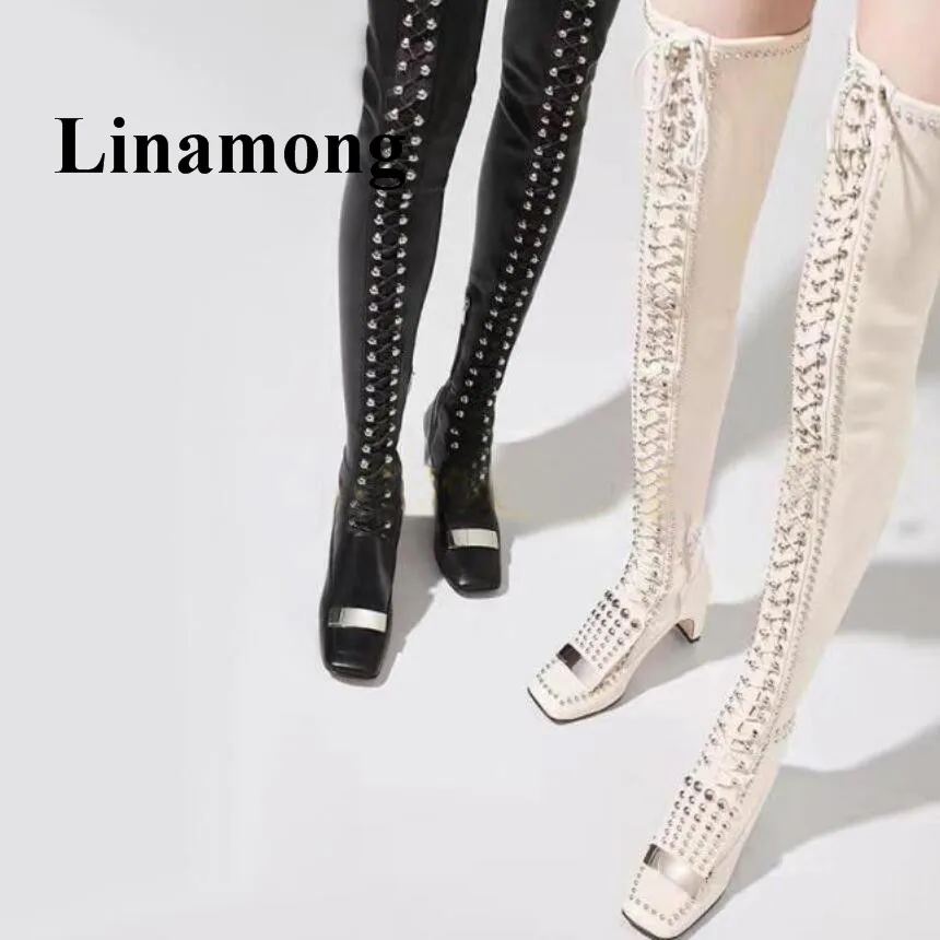 

Fashion Newest Over The Knee Cross-Tied Rivet Design Genunie Leather Square Toe Mid Heel Strange Style Women Boot Two Color