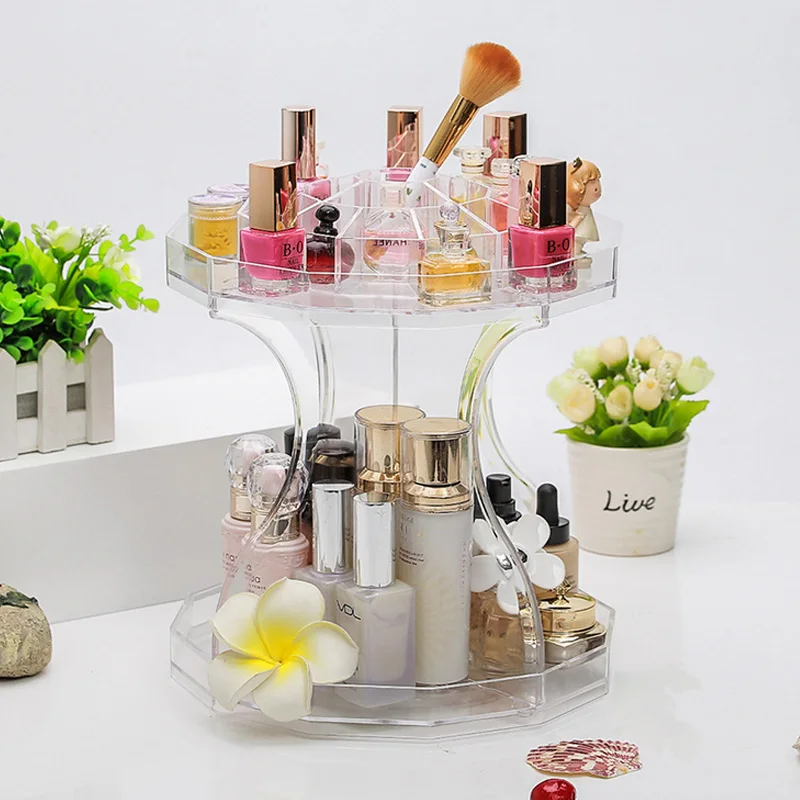 

360 Degree Rotating Make Up Organizer Clear Acrylic Cosmetic Rack Large Capacity Makeup Shelf Storage Nail Polish Holder 25*30cm