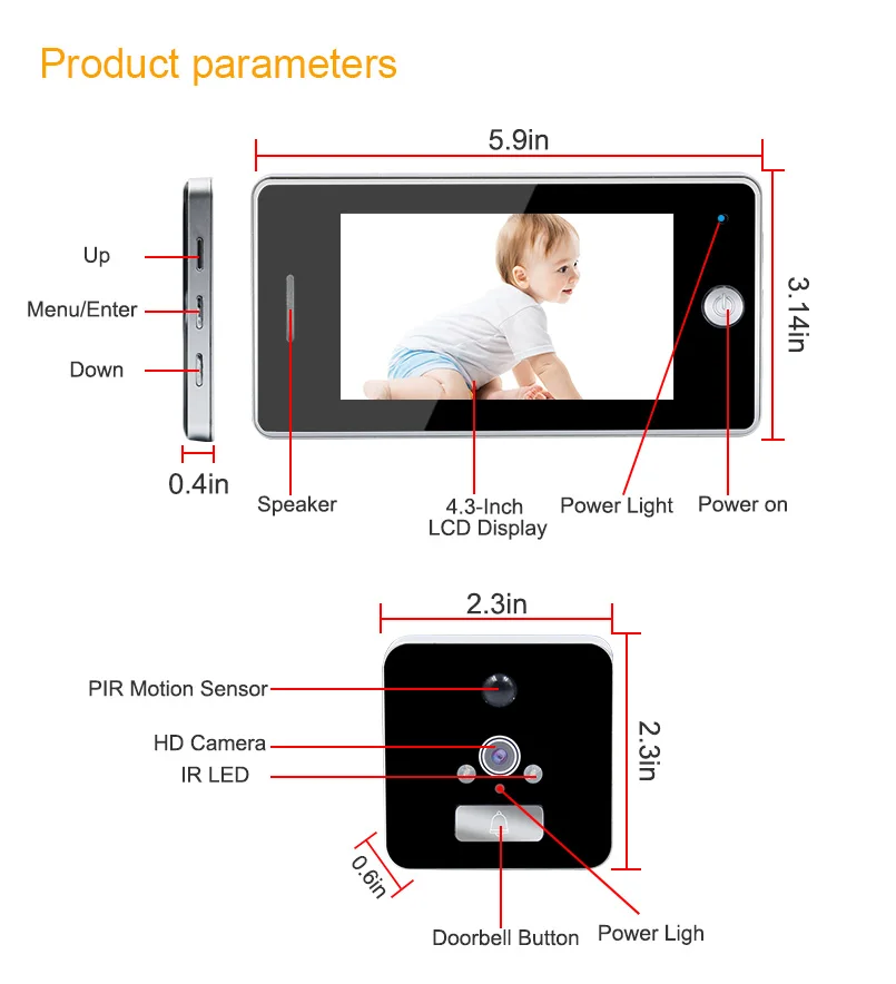 4,3 дюймовый дверной глазок с датчиком движения, 140 градусов, видео глазок, дверной глазок, камера ночного видения