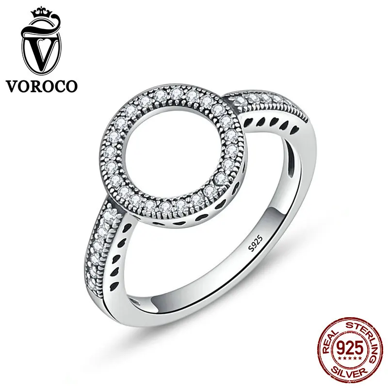 VOROCO Hot Sell Genuine 925 Sterling Silver Ring CZ Circle Round Finger Rings For Women Fine Jewelry Party Gift anillos BKR041
