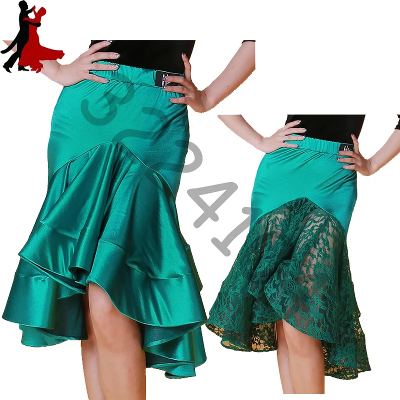 

new sexy Latin dance lace fish bone half exercise skirt green