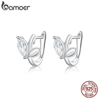 

bamoer Bud Leaf Tiny Hoop Earrings Authentic 925 Sterling Silver Oval Clear CZ Ear Hoops Women Statement Wedding Jewelry BSE130