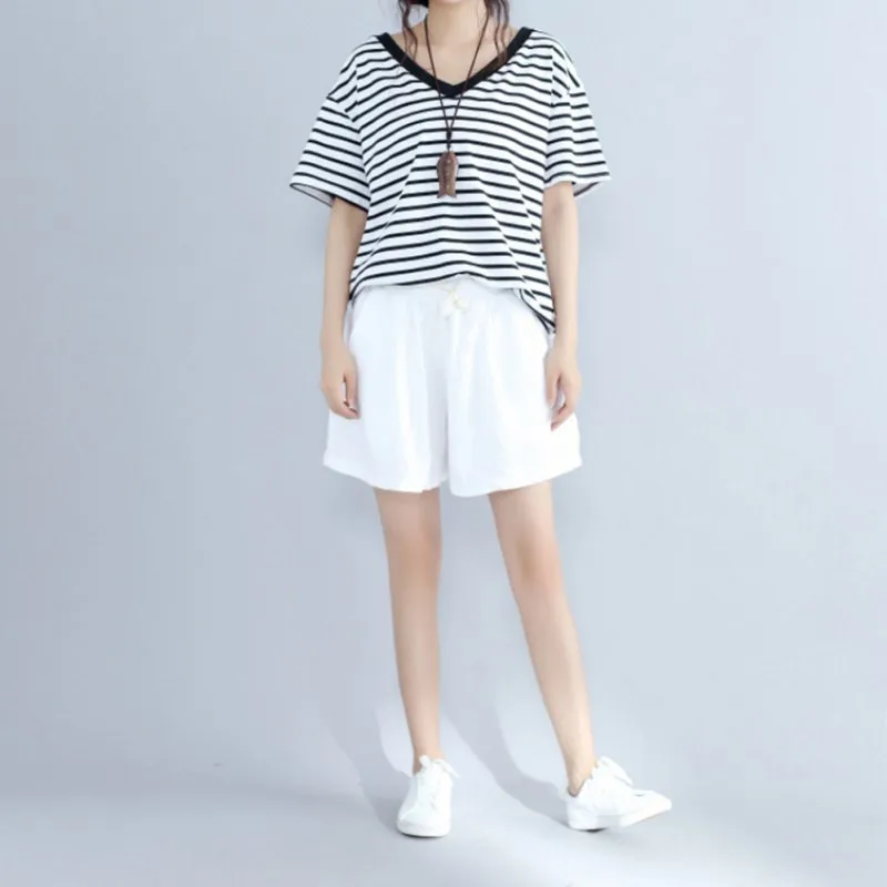 

2019 Summer Women t shirt Casual Sweet V-neck Black And White camiseta mujer Stripe Short Sleeves Pullover Print T-Shirt Cotton