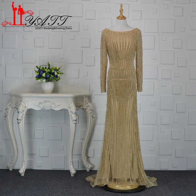 Liyatt Sexy Backless Gold Mermaid Evening Dress 2017 Long Sleeves Luxury Gowns Diamond Prom Dresses Robe