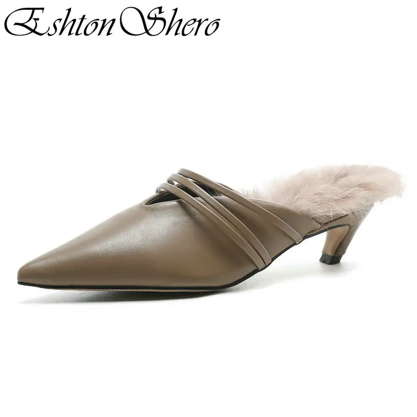 

EshtonShero Summer Women's Shoes Pumps Leather+PU Med Heel Fur Pointed Toe Platform Black Ladies Wedding Shoes Size 34-39