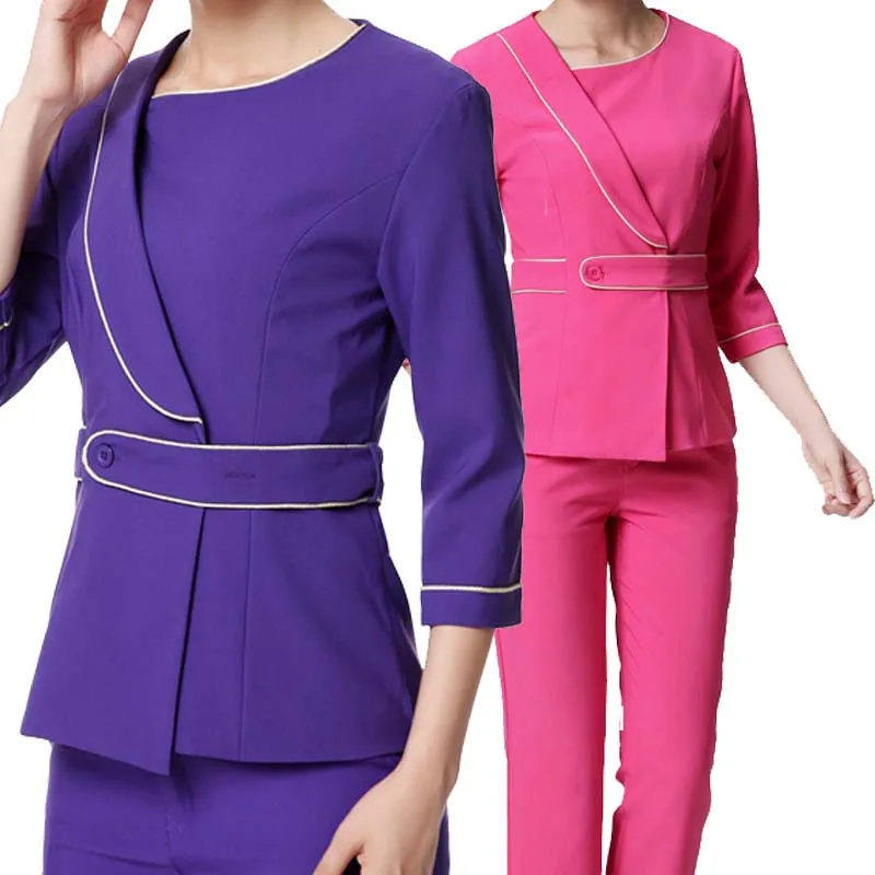 

Women's Middle sleeve Fashion Scrubs Set Waist Band Top + Pants Beautician Occupation Suit