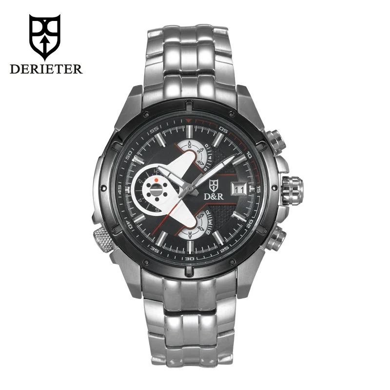 

Stainless Steel Sports Watch Chronograph Wristwatch Waterproof Japan Movement Wrist Watch Leather Strap for Men Black