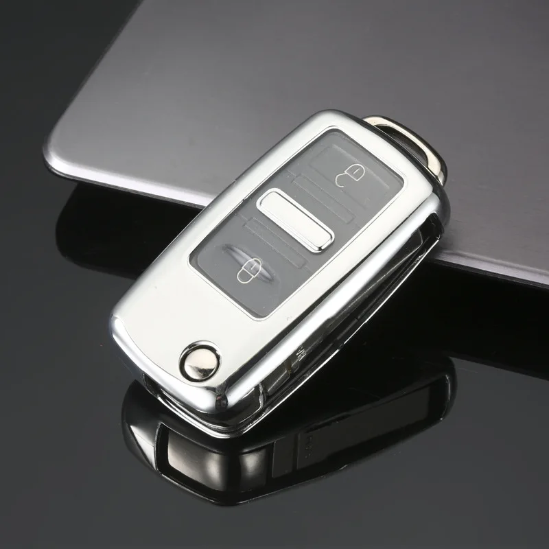 

360 Degree Full Encircling Car Key Case TPU Electroplating Soft Rubber Auto Key Protection Sleeve for Volkswagen Folding Car Key