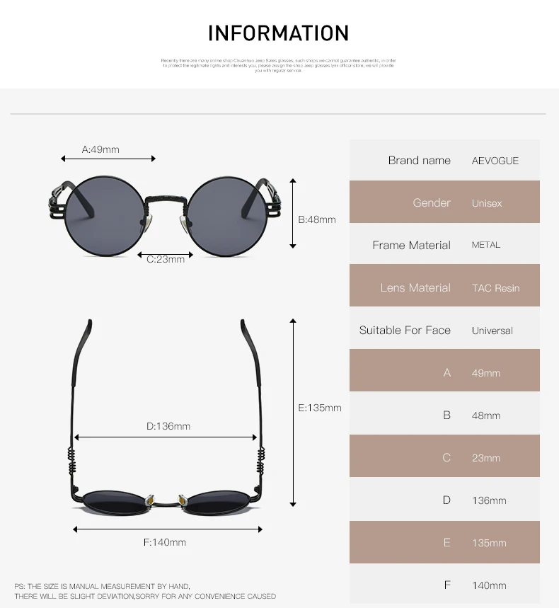 Солнцезащитные очки AEVOGUE для мужчин и женщин в стиле стимпанк с круглой металлической оправой, брендовые дизайнерские солнцезащитные очки AE0539