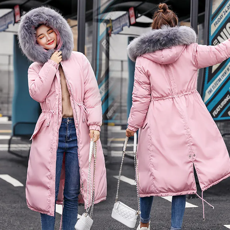QIHUANG Fashion Big Fur Collar Hooded Long Women's Down Coat Winter Thicken High Quality Down Cotton Padded Women Down Jacket