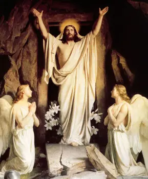 

100%Handmade Oil Painting Hand Oil painting Resurrection Christ Jesus with angels and white flowers by tomb
