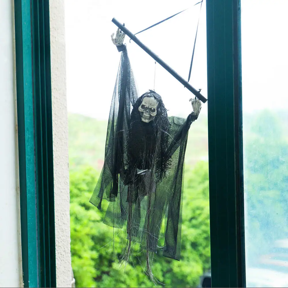 

Halloween Decorations Black Electric Voice Control Hanging Skull Skeleton Ghost Hanging Ghost Doll Haunted House Horror Prop
