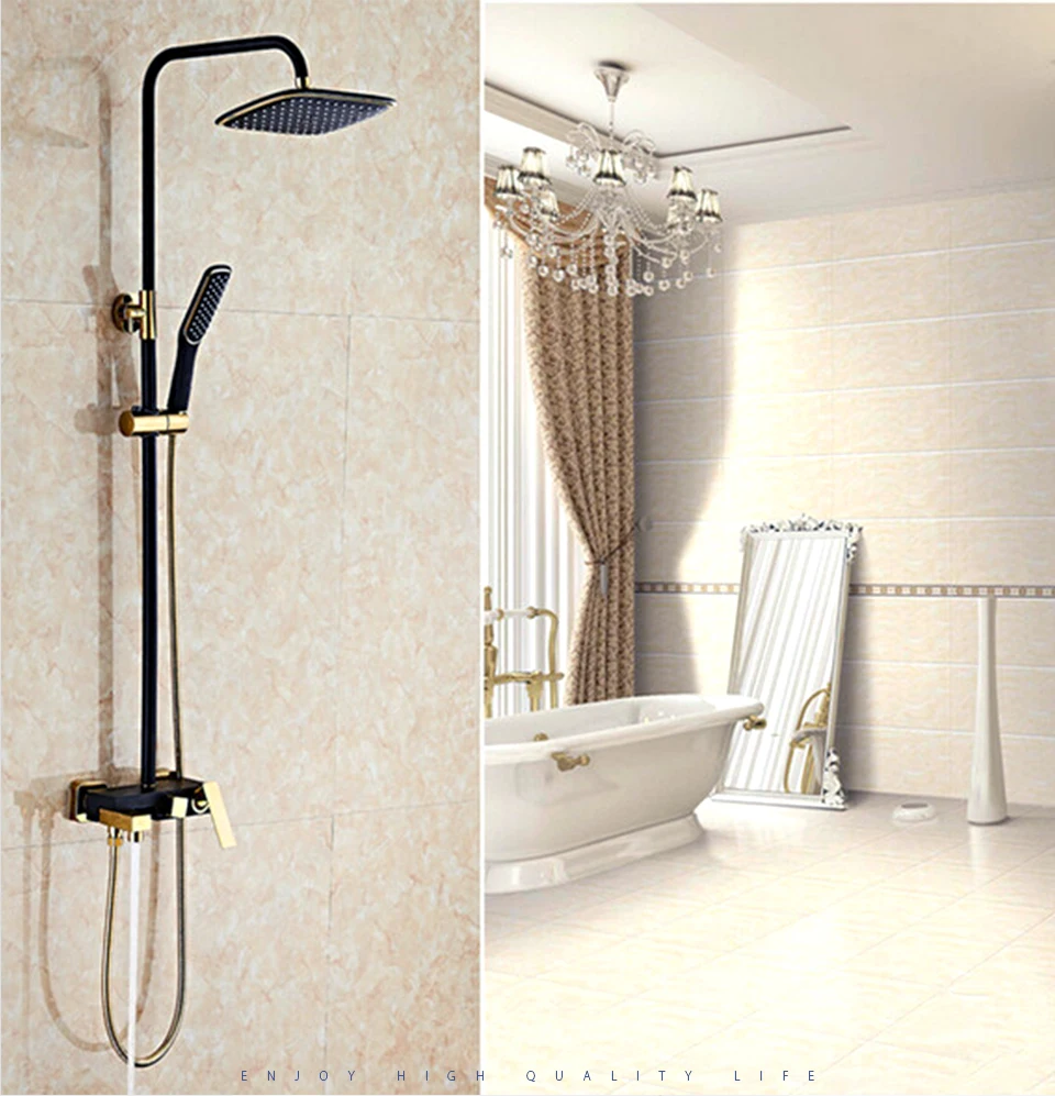 Высокое качество Ванная комната Роскошный черный + золото осадков набор для душа настенный одной ручкой ванна кран Набор AT1901