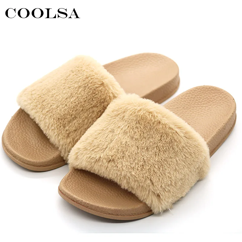 

COOLSA New Women's Furry Slippers Faux Fur Slides Designer PVC Flat Fluffy Plush Fashion Home Slipper For Women Flock Flip Flops