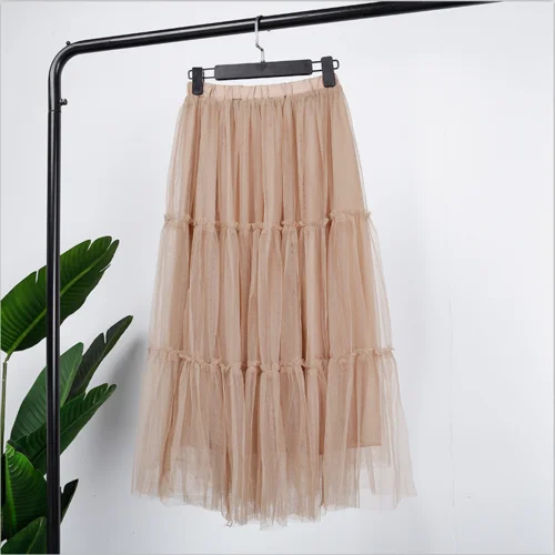 Летние Плиссированные юбки из тюля, женская модная Лоскутная длинная юбка, эластичная высокая талия, однотонная открытая Женская юбка большого размера - Цвет: Хаки