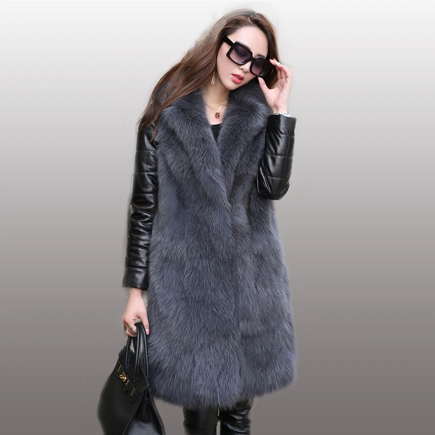Women's Real Fur Coat Fox Fur with Removable Sleeves Down Filled Genuine Leather Coat gl0002