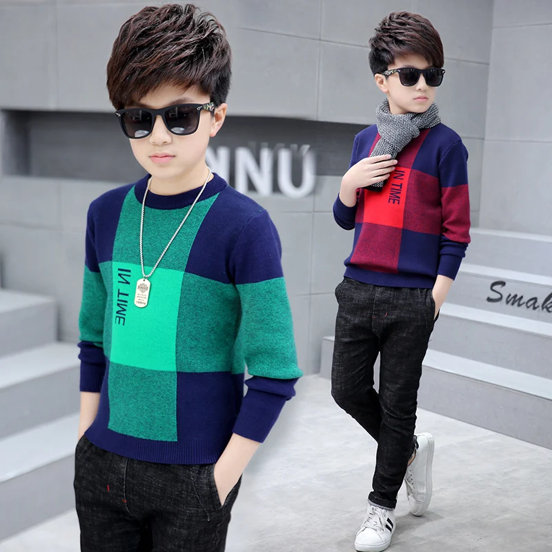 

Foreign Trade Boys Casual Plaid Pullovers Children's Round Neck Knitted Sweaters Plus Size Kids Velvet Warm Cotton Knitwear B107