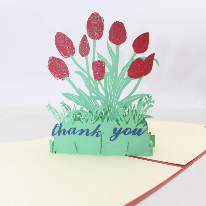  3D Handmade Thank You Red Tulips Paper Invitation Greeting Cards Teachers' Day Thanksgiving Day Mot - 33061378967