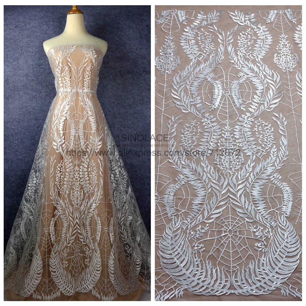 

New off white polyster on net embroidered wedding dress lace fabric 51'' width by yard