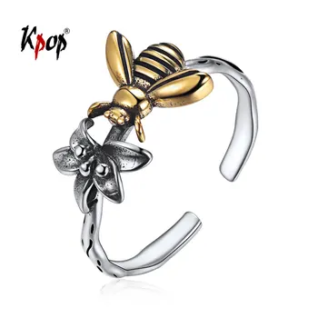 

Kpop 925 Sterling Silver Bee Ring Vintage Animal Jewelry Insect Flower Adjustable Open Ring Valentines Gift for Women R13102