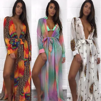 

Summer Beach Cover Up Women Colorful Gradient Long Sleeve Beach Dress For Women Leopard Print Bandage Cardigan Beach Tunic Pareo