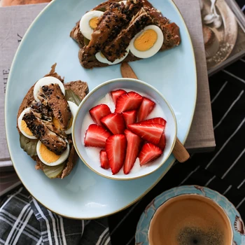 

brand high quality ceramic rice dish creative under glazed solid salad steak container tableware dinner plates and dishes blue