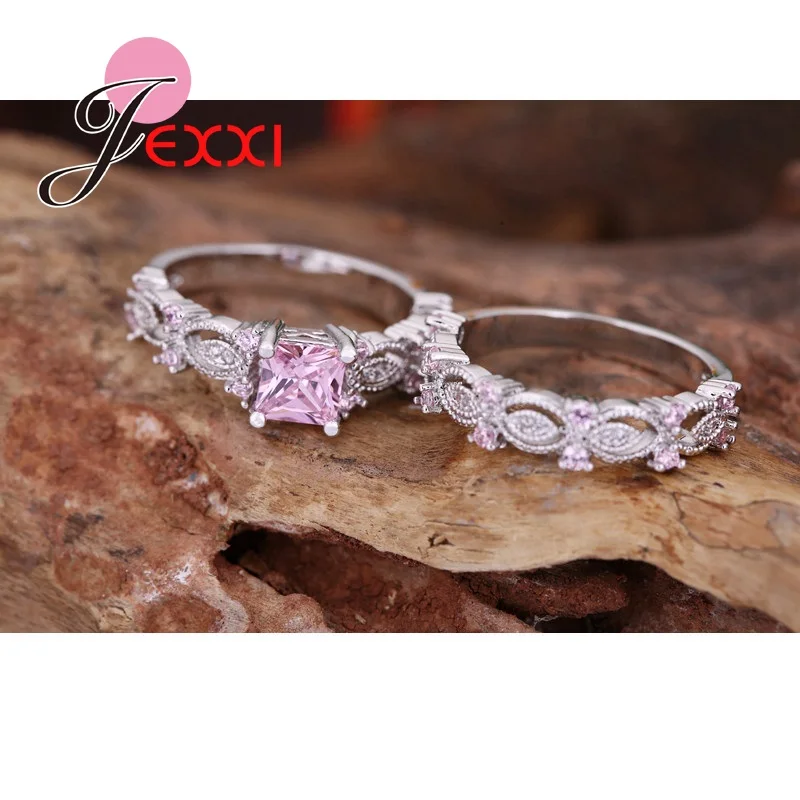 JEXXI Pure Love Pink CZ Cubic Zirconia Stone Ring Set S925 Stamped Silver Bridal Set For Engagement/Wedding Rings A Pair