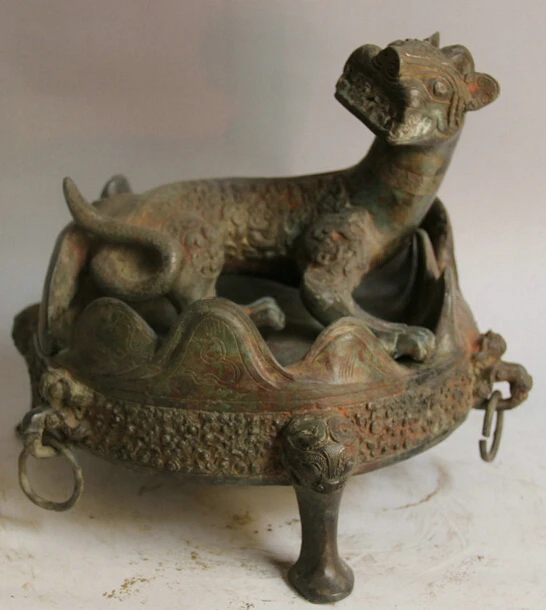 

JP S61 11" Old Chinese Bronze Folk 3 Foot base Unicorn Beast Pi Xiu Head handle Statue