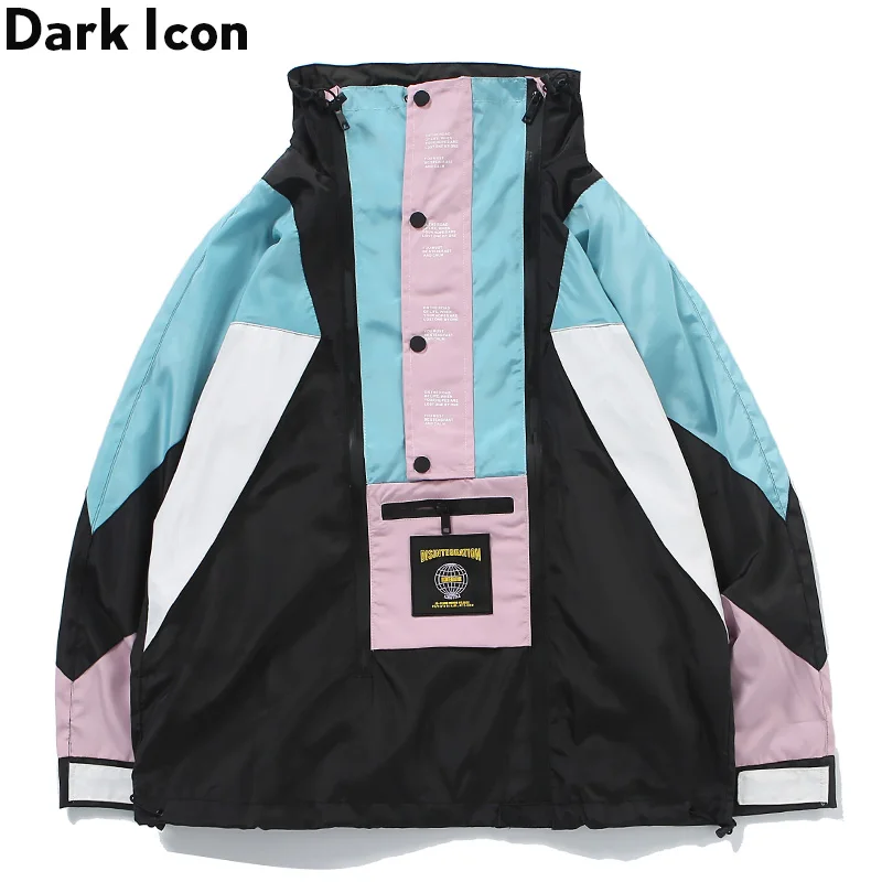 

Dark Icon Color Block Windbreak Men's Jacket Stand Collar Back PVC Pocket Street Jacket Men 2 Colors
