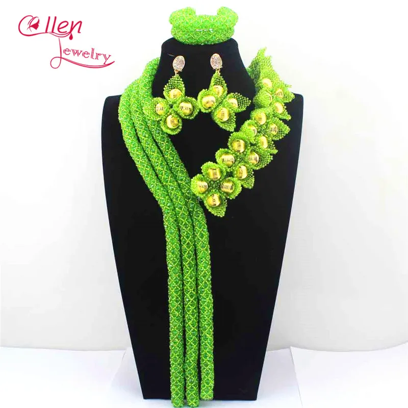 New Apple Green Luxury Nigerian Wedding Bridal Beads Necklace African Accessories Beads Jewelry