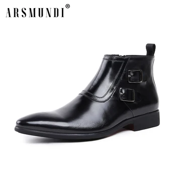 

Men's Leather Boots Cowhide Leather Oxfords Ankle Boots Wedding Business Dress Rubber Sole Zipper Opening 2019 New Buckle Strap