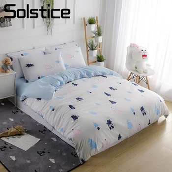 

Solstice Home Textile Christmas Tree Cartoon Bedding Set White Duvet Cover Sheet Pillow Case Kid Child Boy Girl Bed Linen 3/4Pcs
