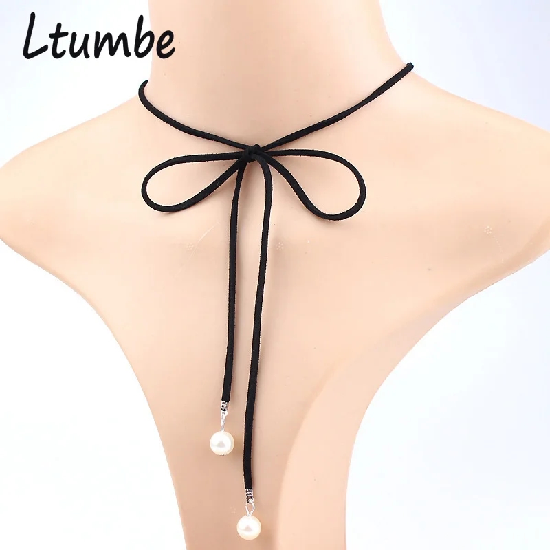 

Ltumbe Minimalist Twisted Bowknot Stripe Clavicle Black Velvet Chain Necklaces for Women Simulated Pearl Necklaces Bijuterias