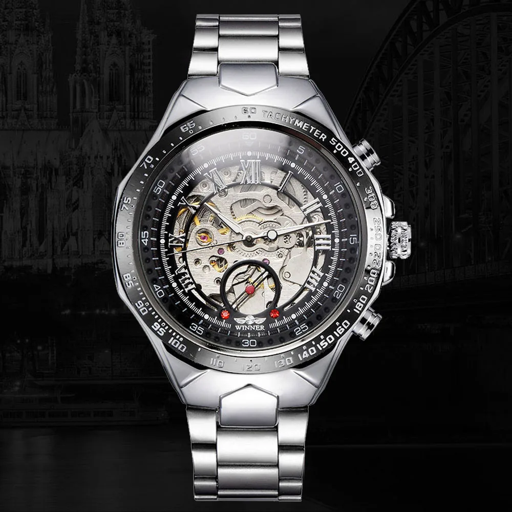 

WINNER men's mechanical watch clock Skeleton Semi Automatic Men Mechanical Watch Big Dial Hand-Winding Business Men Wristwatch