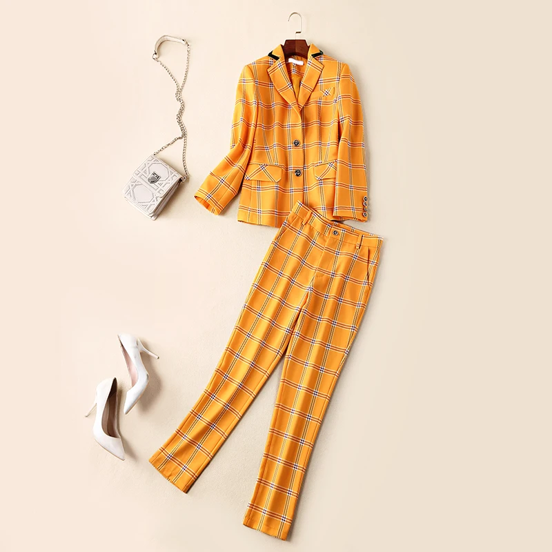 Deux Cheville Costumes Ol 2019 Printemps Lady Office Femmes Jaune Pantalon Unique Plaid Piste Nouveau Longueur Ensemble Pièces Marque Breatsed Blazer qqBXP8w
