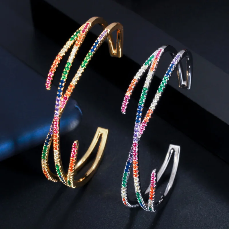 CWWZircons Adjustable Geometric Cross Rainbow Color Cubic Zirconia Luxury Big Wide Bracelet Bangles for Women Jewelry BG033