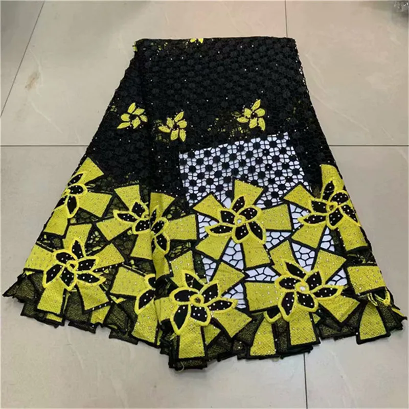 

High Quality African Lace Fabric 2019 New Design African Guipure Lace Yellow & Black Color Nigerian Guipure Lace Fabric