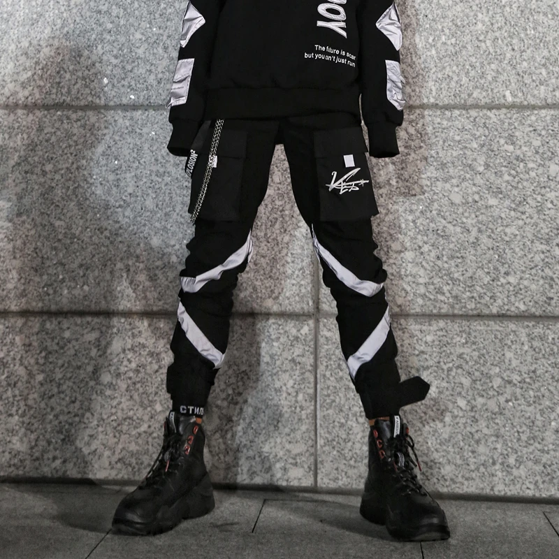 Для мужчин крепления светоотражающей полоски черный тактический Штаны в стиле «хип-хоп» модная эластичная кулиска на талии мужской уличная и детей постарше мягкие тренировочные Штаны брюки