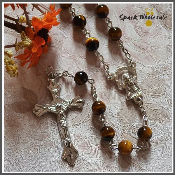 

Christian Nature Stone Rosary Necklace Holy Catholic Natural Yellow Tiger Eye Bead Jesus Cross Pendant Rosary Necklace