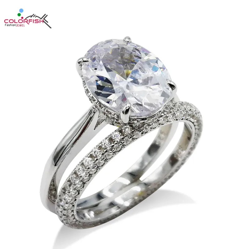 

COLORFISH Luxury 925 Sterling Silver 4ct Oval Solitaire Engagement Ring Set Fashion Wedding Jewelry Promise Bridal Ring Set